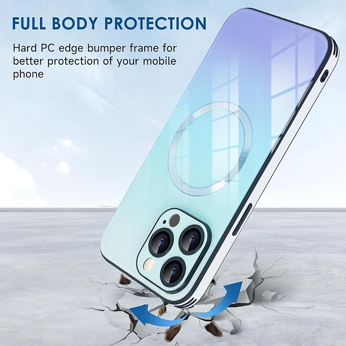 Guppy Compatible with iPhone 15 Pro Max Case Magnetic, with Full Camera Lens Protector [Compatible with MagSafe] Scratch Resistant Gradient Glass Back Cover Phone Case-Blue