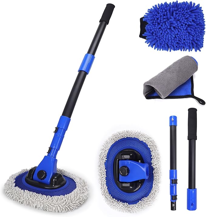 Ultimate Car Wash Brush with Long Handle | 15-Degree Curved Pole Design | Microfiber Brush Head | Adjustable Length | Wide Applications for Car, RV, Truck, Pickup | Car Wash Kit (Blue-Extended)