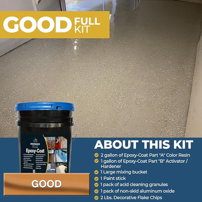 PerformanceDIY Good Full Kit Epoxy Floor Coating- Gray Base with Onyx and Ivory 1/4" flakes-Light Flake Coverage,Covers 500 sq. ft.-for Garage,Basement, Patio,Commercial Floors,Concrete-Non-Toxic