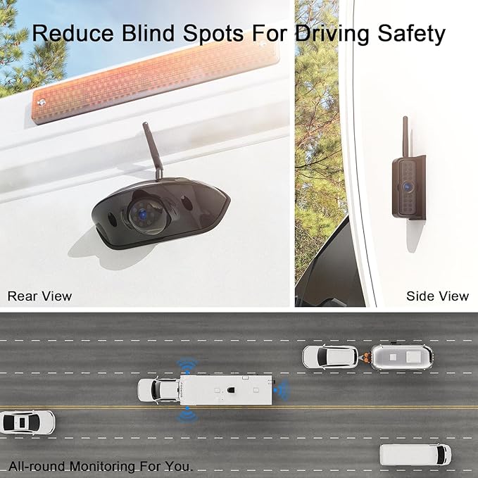 Fookoo HD 4 Cameras Wireless RV Backup System, 7" Split-Screen Monitor, 2 Rear View + 2 Side Cameras, IR Night Vision Recording Waterproof Compatible with Furrion Pre-Wired RV Truck Trailer - DW7Y504