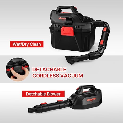Shop-Vac 2 Gallon 20V Cordless Wet/Dry Vacuum with Detachable Blower, Portable 3-in-1 Vac with Blower Function, Integrated Battery and Charger Included, Ideal for Workshop, Car & Jobsite, 5430082