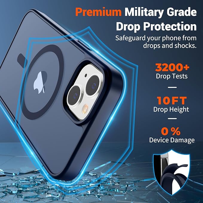 SUPFINE Magnetic for iPhone 15 Case with Screen Protector (Compatible with MagSafe) (Military Grade Drop Protection) Translucent Matte Shockproof Phone Cover,Dark Blue
