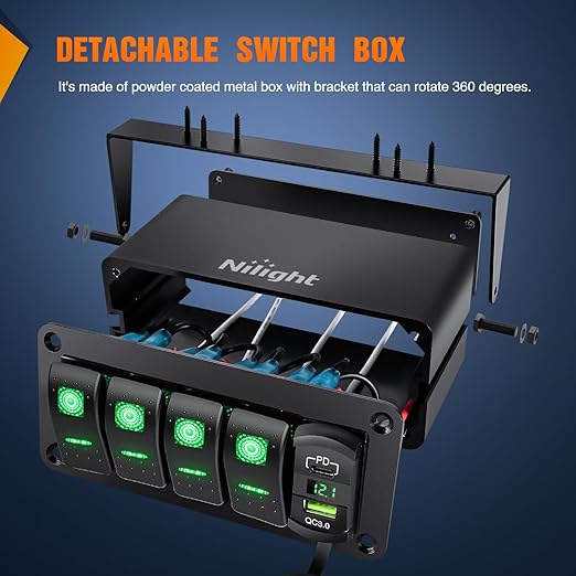 Nilight 4 Gang Rocker Switch Box 12V SPST ON Off Toggle Switches PD Type C and QC 3.0 USB Charger Voltmeter LED Light Waterproof Aluminum Mount Bracket Panel DIY Stickers for Boat Car RV Truck