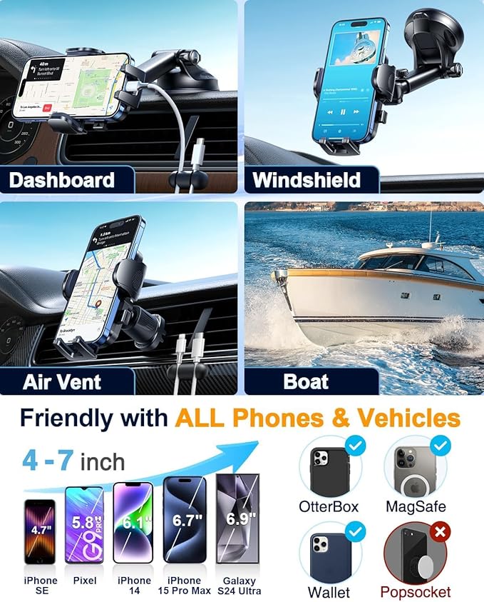 YRU True Military-Grade [360° Rotation Suction] 2026 Ultimate Car Phone Holder Mount 【90+LBS Safest Strongest & Patent Certs】 Dashboard Windshield Vent for iPhone 17 16 Pro Max Samsung,Blue Black