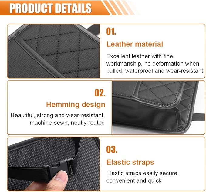 LAINLOY Classic Car Backseat Organizer, Black, 8L Capacity, Foldable, Hanging Mount, PU Leather, Unisex, 1 Count