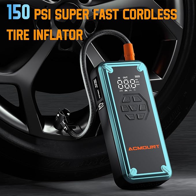 Jump Starter with Air Compressor, Acmount 5000A Car Battery Jump Starter with 150PSI Tire Inflator for Up to 9.0 Gas/8.0L Diesel, 12V Portable Jump Starter Box with LCD Display, Light (Blue)