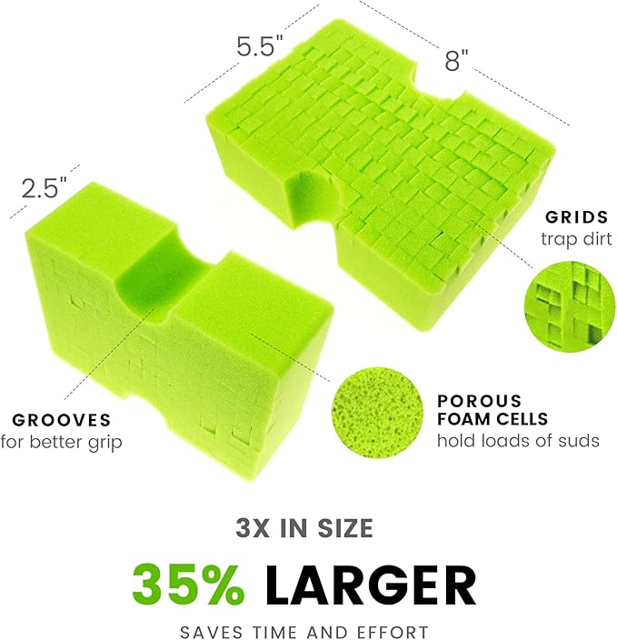 Jumbo Cross-Cut Grid Sponge 3-Pack | All-Purpose, Durable, Extra Absorbent Sponge for Cleaning | Large, Easy-Grip Car Cleaning Sponge | Soft, Scratch-Free Multi-Use Sponge