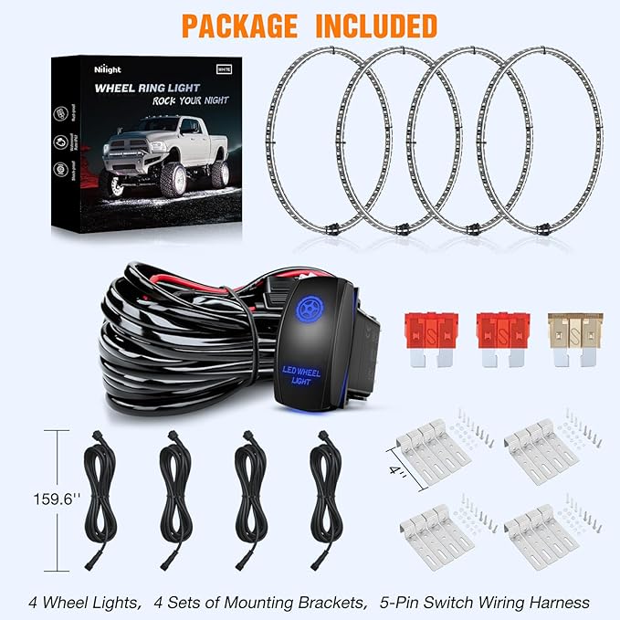 Nilight 4PCS 15.5inch Double Row LED Wheel Ring Lights Pure White with Wiring Harness Kit Rocker Switch Control Dual Row for Car Van SUV Truck