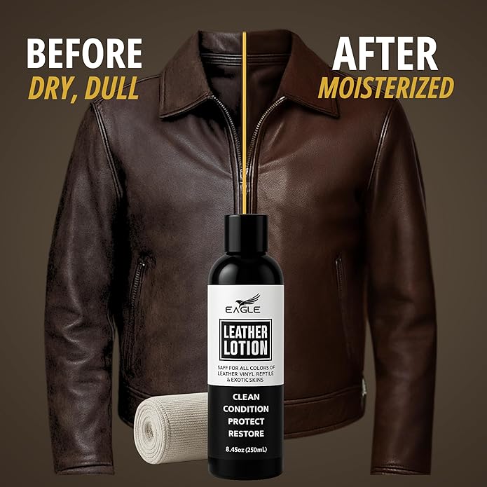 Eagle Leather Jacket Conditioner- Leather Lotion with Cloth for Boots, Jackets, Purses, Handbags & Bags – Lanolin & Natural Oils to Clean, Condition, Restore & Protect All Leather Colors
