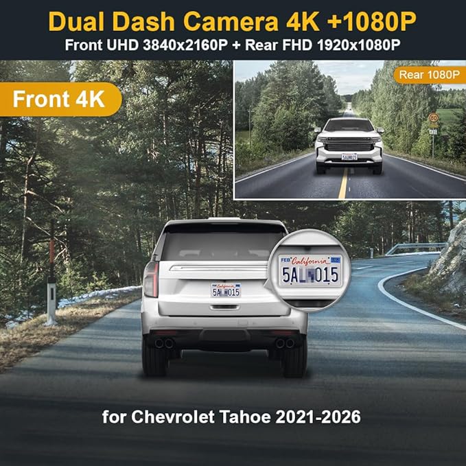 Fitcamx Dual 2160P+1080P Dash Cam Adapts for Chevy Tahoe 2021-2026 (HD2-6275, NO Sensor Cover) LS LT RST Premier High Country, OEM Factory Look, Dual Loop Recording, WiFi & APP, G-Sensor, 128GB Card