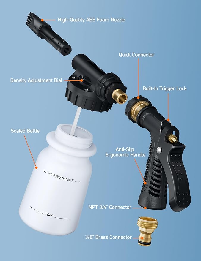 AstroAI Foam Gun Car Wash Gun with Wash Mitt, Quick Connect to Most Garden Hose, Foam Blaster Equips with 3/4” Universal Garden 3/8" Quick Connector, Amber Lable