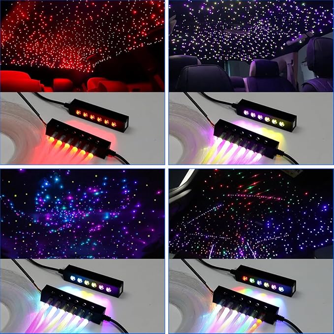 AKEPO MIni Size 6-Hole 3.2W RGB Multiple Color Chasing Fiber Optic Light Kit, 9.8ft APP Control 720pcs*0.75mm/0.03in Optical Fiber Mixed Color Timer Function Car Home Use Starlight Headliner Light