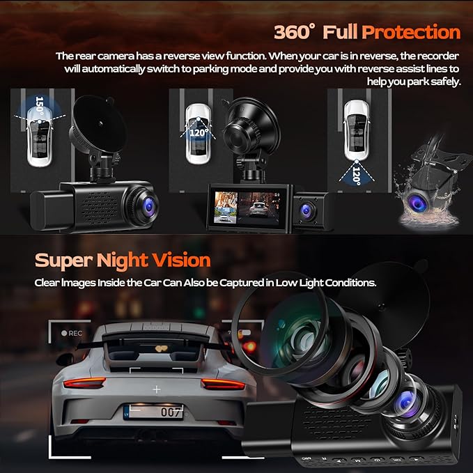 3 Channel 2.5K Dash Cam with WiFi & APP Control, 2.5K+1080P+1080P Front Inside and Rear, Triple Dash Camera with G-Sensor, 24 Hours Parking Mode, Loop Recording, Night Vision