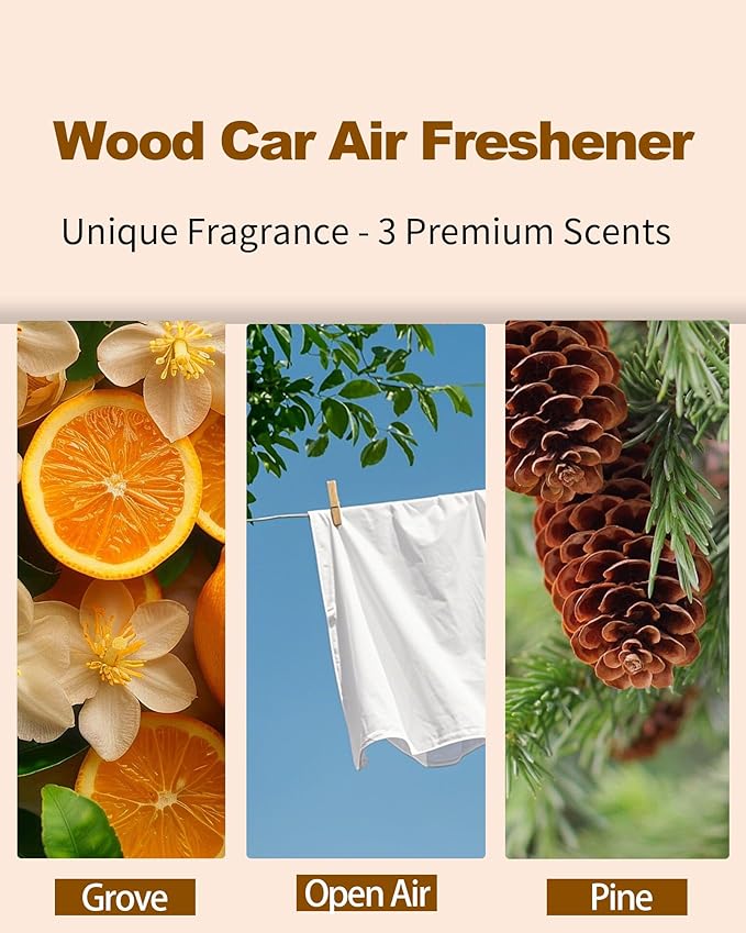 Car Air Freshener-The Original Wood Air Freshener for Visor Clip - Long Lasting Car Odor Eliminator and Scent Diffuser for Cabin, Truck & SUV-2 Metal Clips-Variety 3 Pack(Grove-Open Air-Pine)