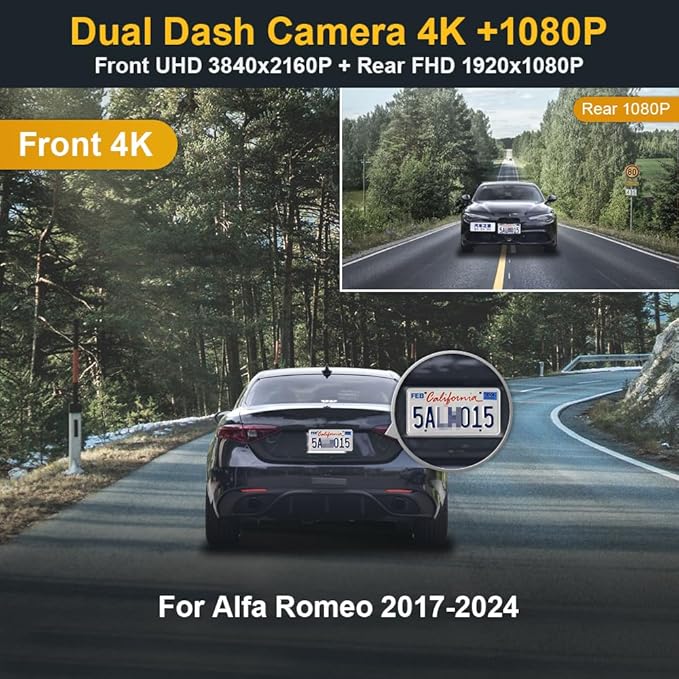Fitcamx Front 4K+Rear 1080P Dash Cam Adapts for Alfa Romeo Giulia & Stelvio 2017-2024, OEM Factory Look, 2 Channel HD Video, Built-in WiFi & APP, Loop Recording, Parking Mode, Easy to Use, 128GB Card