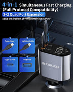 BERTHALESS Retractable Car Charger, 4 in 1 Fast Charging Car Charger with USB-C & USB-A, Compatible with iPhone 17/16/15/14/13/12/11,Galaxy,Pixel, Car Accessories for Men Women Drivers