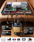 2026 MimAuto 4 in 1 Retractable Car Charger, Car Charger USB C Fast Charger, Car Charger for iPhone 17/16/15/14/13, Samsungs, Tablets, Dash cams, Switch, Gold Car Accessories for Men Women