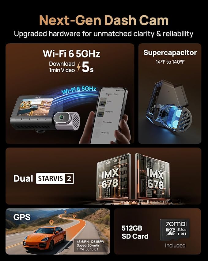 70mai 4K T800 3 Channel Dash Cam, Dash Cam Front and Rear Inside(2160P+2160P+1080P), STARVIS 2 IMX678, HDR Night Vision, Dash Camera for Cars with 512GB Card, WiFi 6, 4G LTE, ADAS, 24H Parking Mode