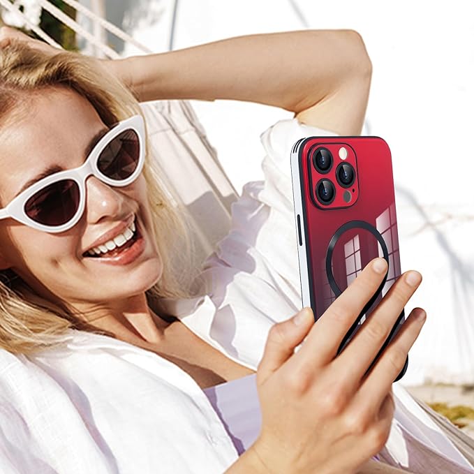 Guppy Compatible with iPhone 14 Pro with MagSafe Case, Magnetic Gradient Case with MagSafe Charging, Gradient Glass Back Cover with Lens Film-Red