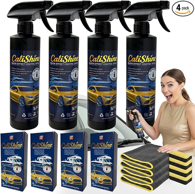CaliShine Quick Effect Coating Spray - 16.9 fl oz Waterless Ceramic Car Wax Coat - Detail Polish & Cleaner for Cars Boat Body & Glasses, Window Glass and Headlight - Shine Restoration Kit (2000 ml)