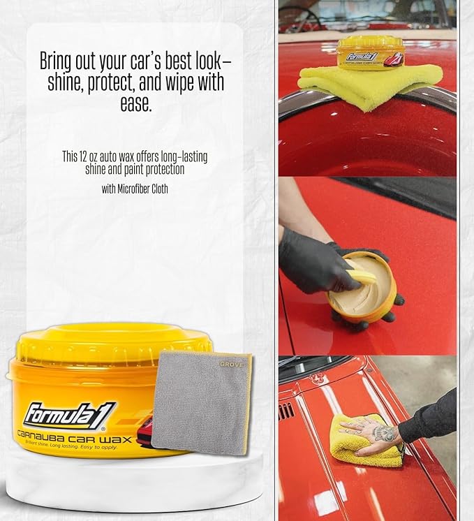 Formula 1 Auto Wax 12 oz Bundle with Microfiber Cloth – Carnauba Car Wax for Long-Lasting Shine and Paint Protection on All Finishes – Gift Set (2 Items)