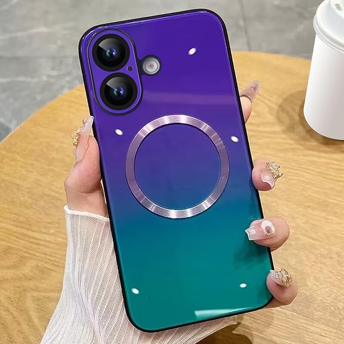 Guppy Compatible with iPhone 16 Case Magnetic, with Full Camera Lens Protector [Compatible with MagSafe] Scratch Resistant Gradient Glass Back Cover Phone Case-Purple