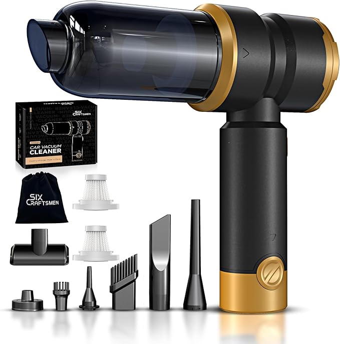 Handheld Car Vacuum Cleaner, 4-in-1 Cordless Rechargeable Mini Vacuum with Air Duster – Quickly Clean Crumbs, Pet Hair & Crevices in Car, Office, Home. Ideal for Commuters & Office Workers (Gold)