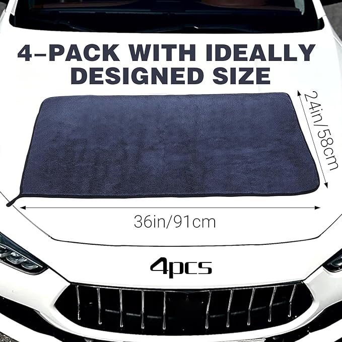 4 Pack 36x24 Inch Large Microfiber Car Drying Towels, Microfiber Towels for Cars, Ultra Absorbent, Streak Free, Scratch Free, Lint Free, Quick Dry, Multi-Purpose