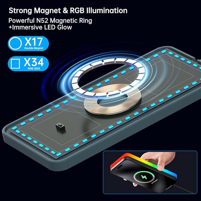 RGB Wireless Car Charging Pad for Magsafe, REESTECQI 15W LED Magnetic Wireless Charger for Car Non Slip Type C Charging Mat with 40W Car Charger Compatible with iPhone 17-12, Airpods (30CM Cable)