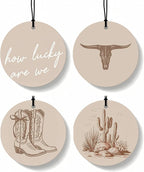 Boho Beige Western Round Car Air Freshener 4 Pcs, Preppy Cow Skull Cactus Cowgirls Boots Hanging Air Freshener for Cars Closet Drawer Books, Western Car Accessories Mirror Decor for Women