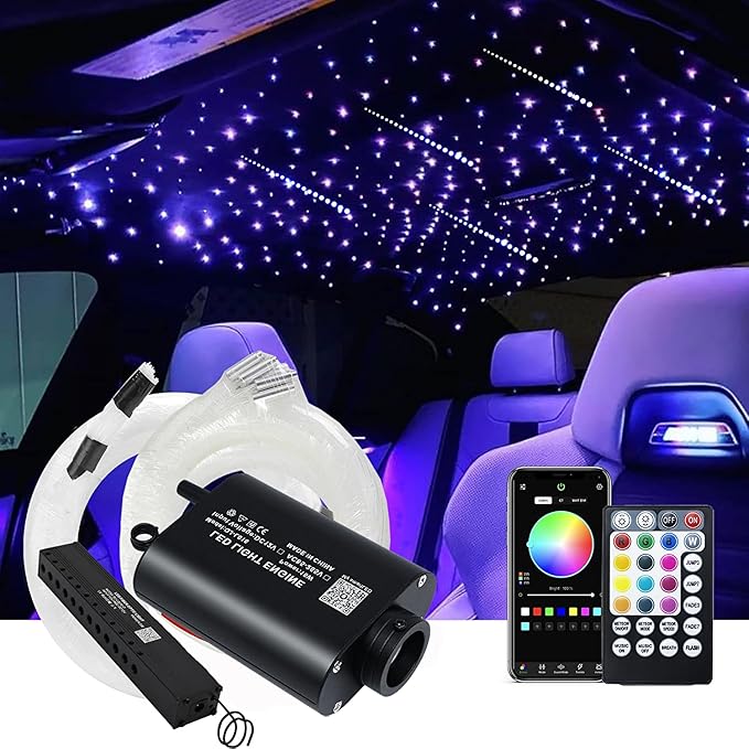 AMKI 16W 450pcs 0.03in 9.8ft Fiber Optic Starlight Kit with Pure White Shooting Star,End Glow Fiber Strands Music Sound Activated Remote Control Starlight Headliner Meteor Home Car Decor