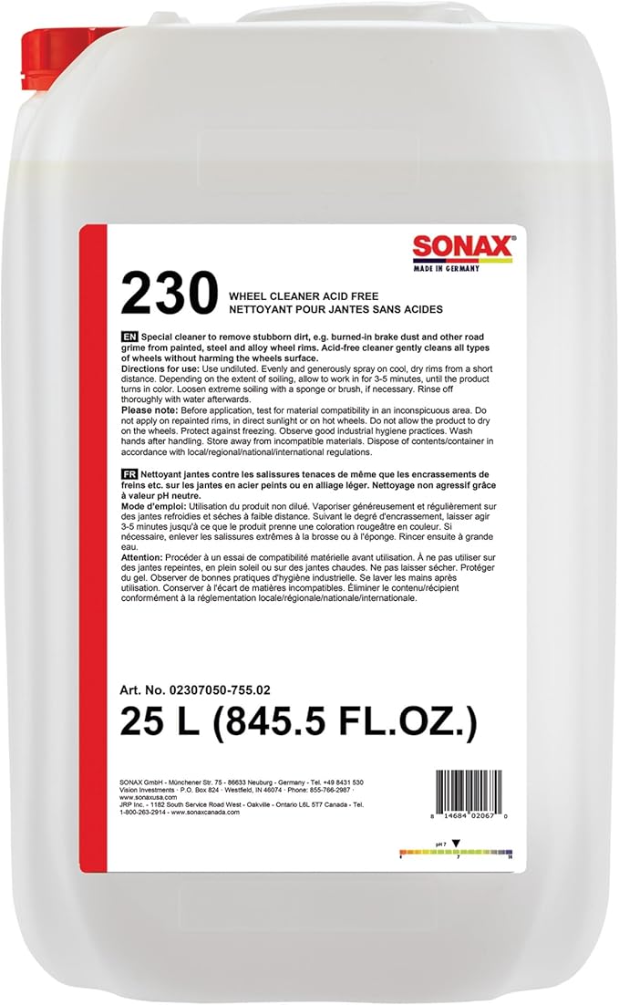 SONAX Wheel Cleaner Plus | Non-Acid Color Changing Formula for Effortless Removal of Brake Dust Grime and Dirt | Safe for All Wheels | Professional Strength Cleaner | 230705 | 25L