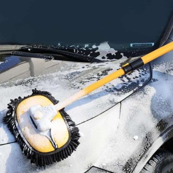57'' Car Wash Brush with Long Handle Chenille Microfiber Car Wash Kit, Mitt Retractable Bent Pole Car Wash Brush for Cars RV Truck Boat (Light Yellow)