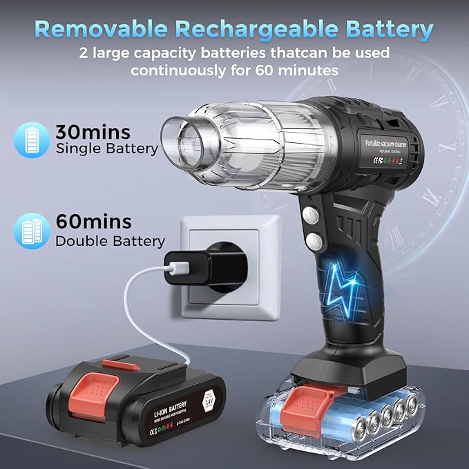 Car Vacuum Portable CordlessTire Inflator for Car 2in1, 40000Pa High Power Dust Buster, Rechargeable 2 Batteries Powered Vacuum Cleaner for Office Home Pet Hair Gifts for Husband Men Black