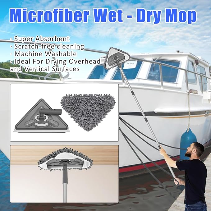 AUTODECO Boat Wash Cleaning Kit with Wet Dry Mop Collapsible Bucket Boat Scrubbing Brush Glove Boat Scuff Sponge Microfiber Towel Complete Interior Exterior Fiberglass Boat Hull Cleaning Set for Boat