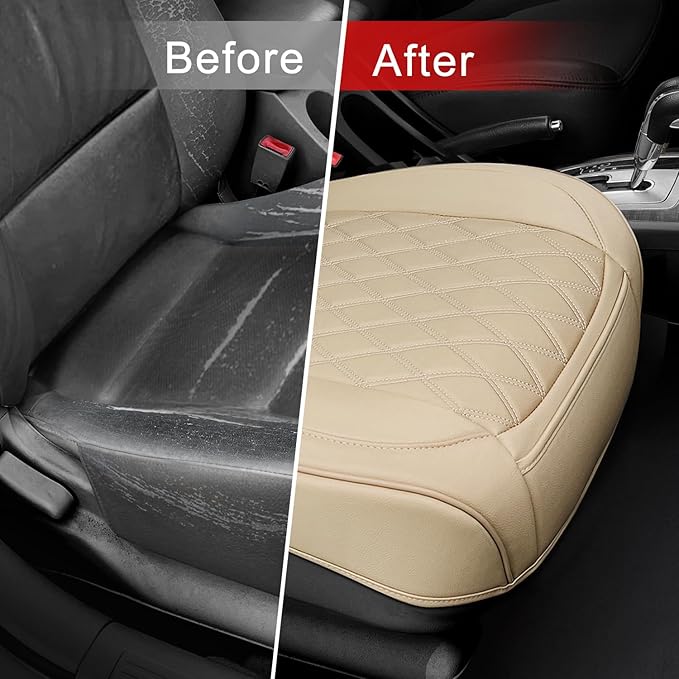 1 Pack Leather Front Car Seat Cover Bottom Car Seat, Anti-Slip and Full Wrap Driver Car Seat Protectors, Luxury Waterproof Bottom Auto Seat Cushion Pad Mat for Most Vehicles(Yellow Beige)