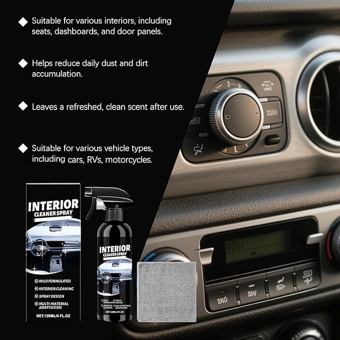 Multipurpose Interior Car Cleaner, Car Cleaning Kit, Upholstery Cleaner for Leather, Vinyl, Dashboard, Removes Dirt, Grease and Stains, Restores Gloss, Refreshed Scent (2Pcs)