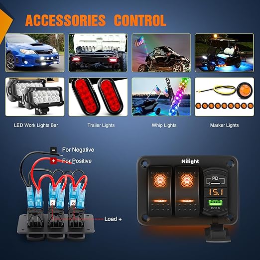 Nilight 2 Gang Rocker Switch Panel with PD Type C and USB Charger Voltmeter 12V SPST ON Off Togglr Switches Panel w/Orange Backlit Waterproof Aluminum for Boats Cars RVs Trucks