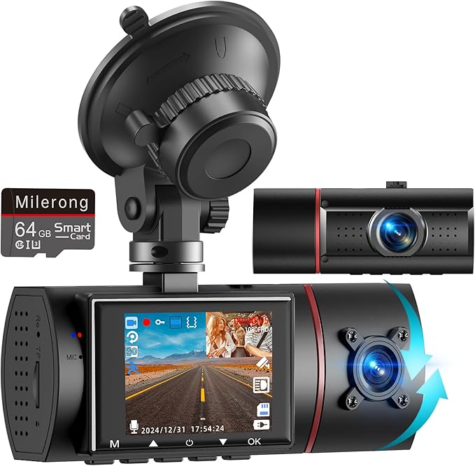 Dual Dash Cam Front and Inside with 64GB Card,Milerong X25 1080P Dash Camera for Cars with Infrared Night Vision,Loop Recording,G-Sensor,24H Park Monitor,Inside Car Camera for Uber/Lyft/Taxi Driver