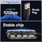 Qeefun 10Gbps USB 3.2 Hub with 4 USB A Data Ports, USB 3.2 Gen 2 Splitter, 4ft Extended Long Cable and Type-C Power Port, USB multiport Adapter for pc, Laptop, iMac, Mac mini, Dell XPS and More