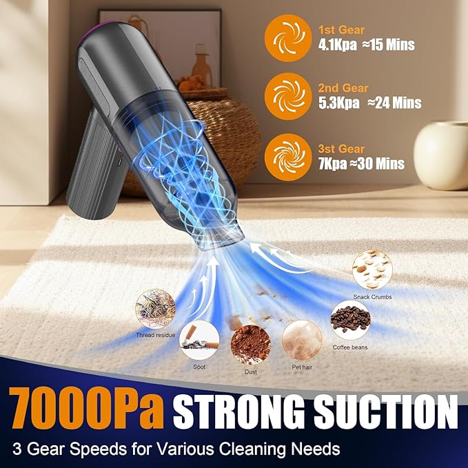 7000Pa Mini Car Vacuum: 4-in-1 handheld vacuum cordless & Compressed Air Duster & Inflator Pump, 3-Speed Portable High Power Cleaning Kit for Car Detailing, Computer Keyboard, Sewing Machine, Office