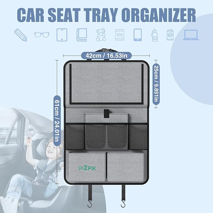Plzpik Car Backseat Organizer with Tablet Holder,11 Storage Pockets with Foldable Food Tray, Protector Kick Mats for Kids, Travel Accessories Organizer (Gray, 1Pack with Food Tray)