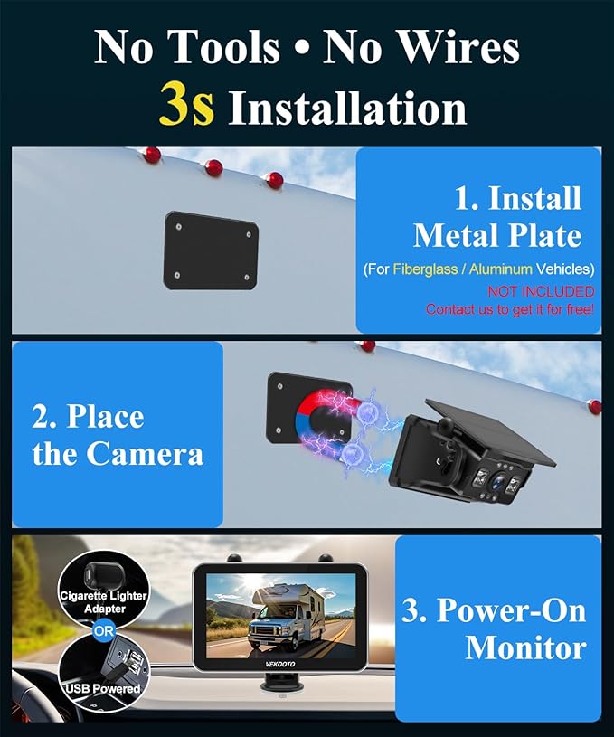 VEKOOTO VK7Pro 4 Magnetic Solar Wireless Backup Camera with 7'' Touchscreen Monitor, 15,800mAh Rechargeable, No Wiring, HD1080P Night Vision Wireless Backup Camera for Trucks, RV, Trailer, Camper