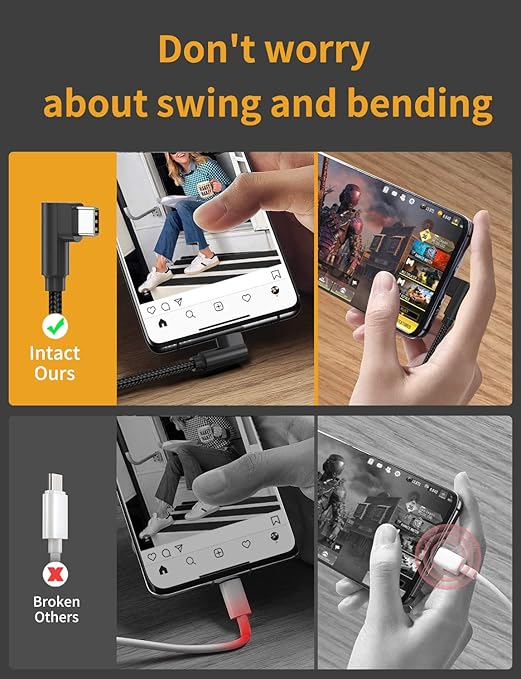 1FT 90 Degree USB C Cable Short, 3Pack Right Angle USB Type C Charger Cable Fast Charging, 3A USB A to USB C Nylon Braided Cord for iPhone 17 16 15 Pro Max Plus, Galaxy S24 S23,Note 20, Moto G, LG,PS5