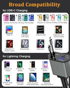 Retractable Car Charger,66W 4 in 1 iPhone 16 15 Car Charger Adapter with 2 Retractable iPhone ChargerCables(USB C & Lightning),2 USB Ports(USB C & USB A) for iPhone 16 15 14 13 12 11,iPad Pro Air Mini