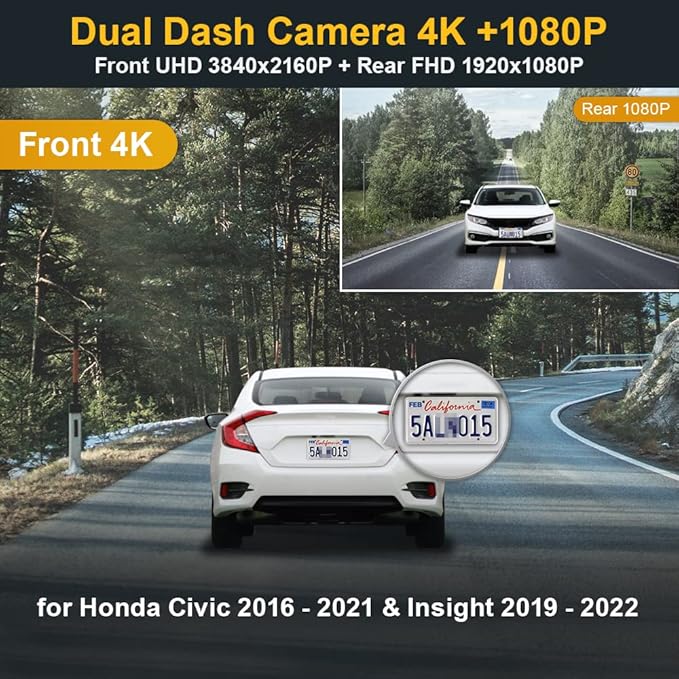 Fitcamx Front 4K+Rear 1080P Dash Cam Adapts for Honda Civic 2016-2021 (HD2-0211, with 6 Vents) & Insight 2019-2022, OEM Factory Look, Dual HD Video, WiFi & APP, Loop Recording, G-Sensor, 128GB Card