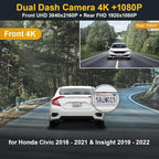 Fitcamx Front 4K+Rear 1080P Dash Cam Adapts for Honda Civic 2016-2021 (HD2-0211, with 6 Vents) & Insight 2019-2022, OEM Factory Look, Dual HD Video, WiFi & APP, Loop Recording, G-Sensor, 128GB Card