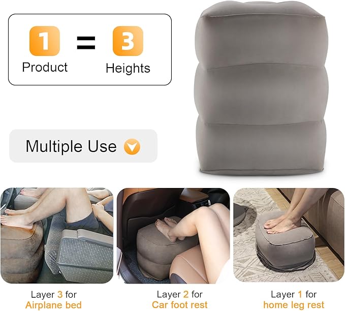 Inflatable Foot Rest/Leg Pillow | Adjustable Height | Make a Flat Bed for Kids and Toddlers | Great for Airplane, Train, car,Travel （Grey, 2 Pack）