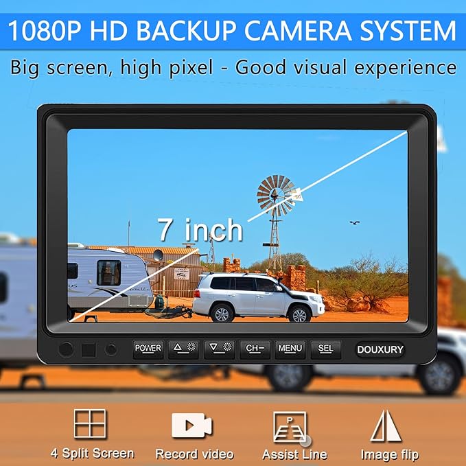 RV Backup Camera System with 7'' Quad Split 1080P Monitor for Truck Trailer Semi Camper Bus & 4 AHD Rear Side View Camera with DVR Record Function IP69 Waterproof Night Vision Avoid Blind Spot DOUXURY