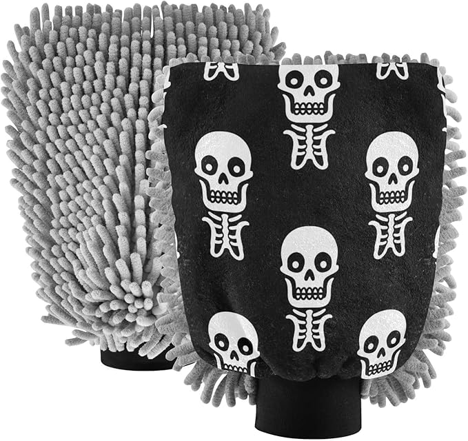 Qilmy White Skeleton Pattern Microfiber Chenille Car Wash Sponge Scratch Free Car Wash Mitt Absorbent Mitt Sponge for Trucks SUVs Car Washing Home Cleaning, Large